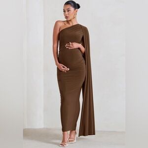 Club L London- Chocolate Maternity one shoulder maxi dress with cape sleeve.